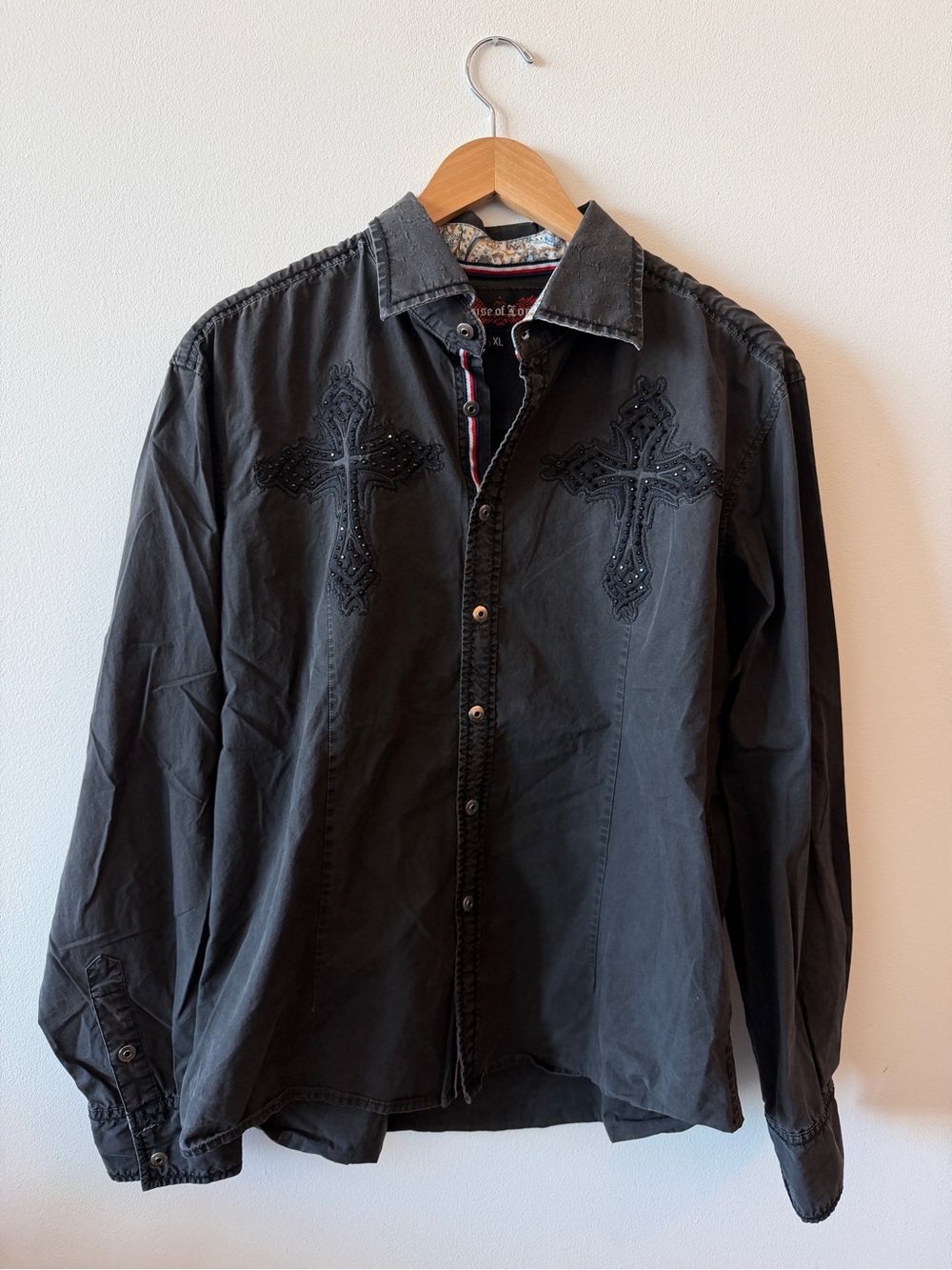 House of Lords Men’s Black Embroidered Cross & Paisley Button-Down Shirt - XL